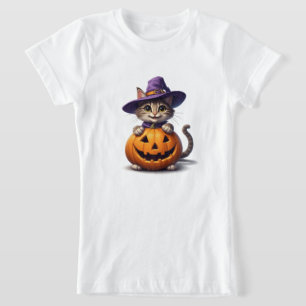 Niedliches Kätzchen in Hexenhut mit Kürbis 👻 T-Shirt