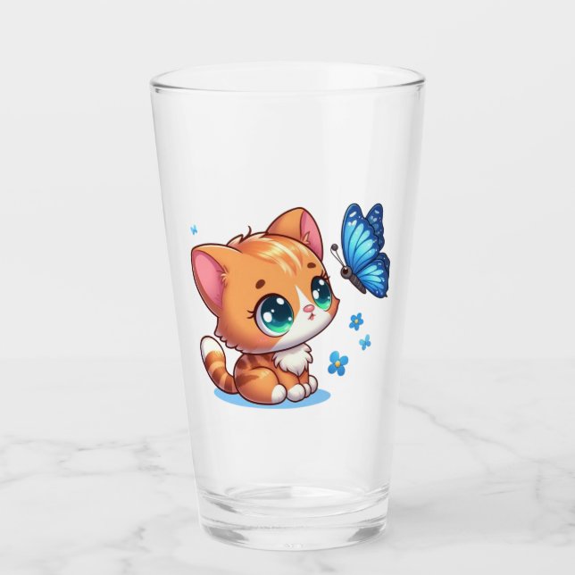 Niedliches Kätzchen/Katze/Schmetterling Glas (Vorderseite)