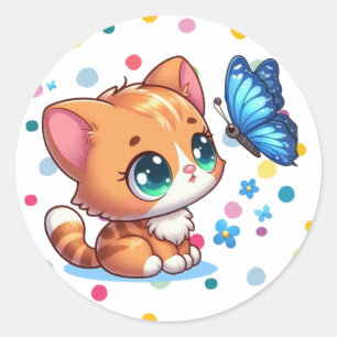 Niedliches Kätzchen/Katze/Schmetterling Runder Aufkleber