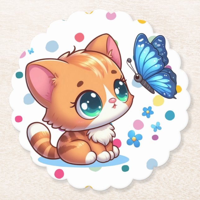 Niedliches Kätzchen/Katze/Schmetterling Untersetzer (Vorderseite)