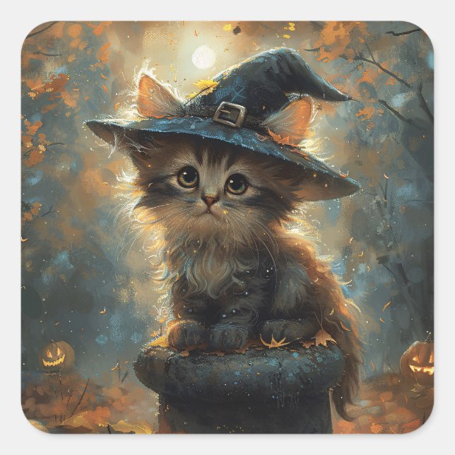 Niedliches Kätzchen mit einem Hexenhut Quadratischer Aufkleber (Vorderseite)