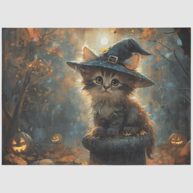 Niedliches Kätzchen mit Hexenhutdekoupage Seidenpapier (Vorderseite)