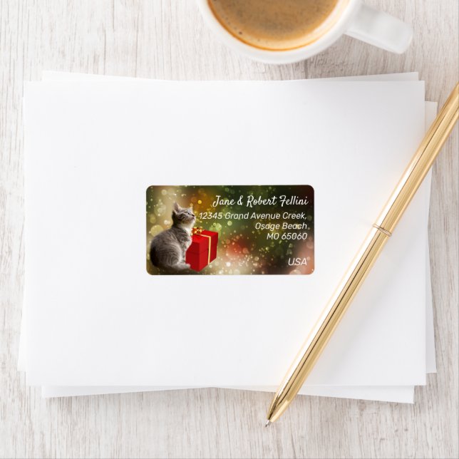 Niedliches Kätzchen Rote GIF Box farbenfrohe festl Adressaufkleber (Insitu)