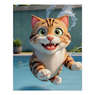 Niedliches Katzen Fliegen Tauchen im Pool Funny Poster