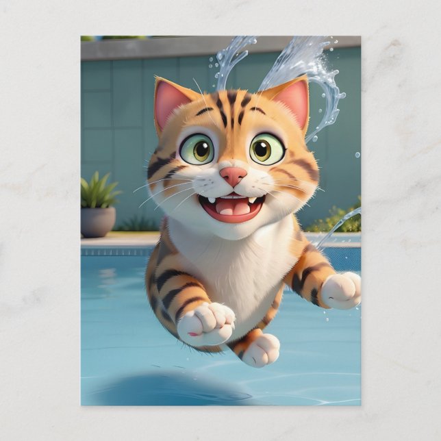 Niedliches Katzen Fliegen Tauchen im Pool Funny Postkarte (Vorderseite)