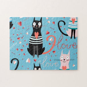Niedliches Katzen-Muster auf blauem Hintergrund Puzzle