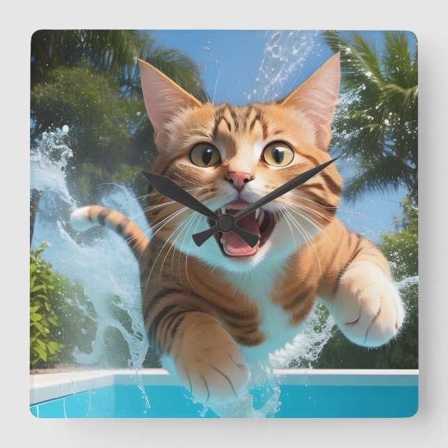 Niedliches Katzen Schwimmen im Pool Funny Quadratische Wanduhr (Vorderseite)