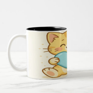 Niedliches Katzen umarmtes blaues Herz Zweifarbige Tasse
