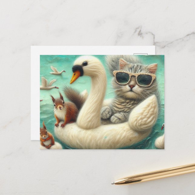 Niedliches Katzen- und Eichhörnchenschiff Postkarte (Vorderseite/Rückseite Beispiel)