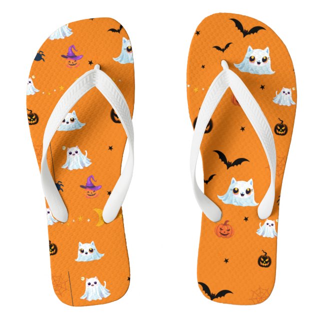 Niedliches Katzengastblatt Halloween Kürbisgeschen Flip Flops (Fußbett)