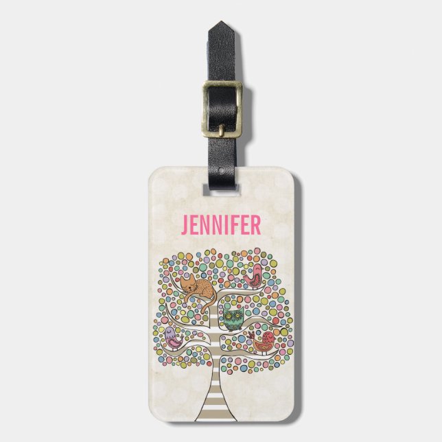 Niedliches Katzenjammer und Vögel in einer Baumill Gepäckanhänger (Vorderseite vertikal)