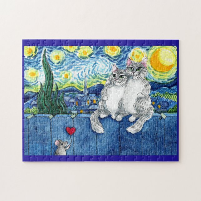Niedliches Katzenpaar, Maus Starry Night Puzzle (Horizontal)