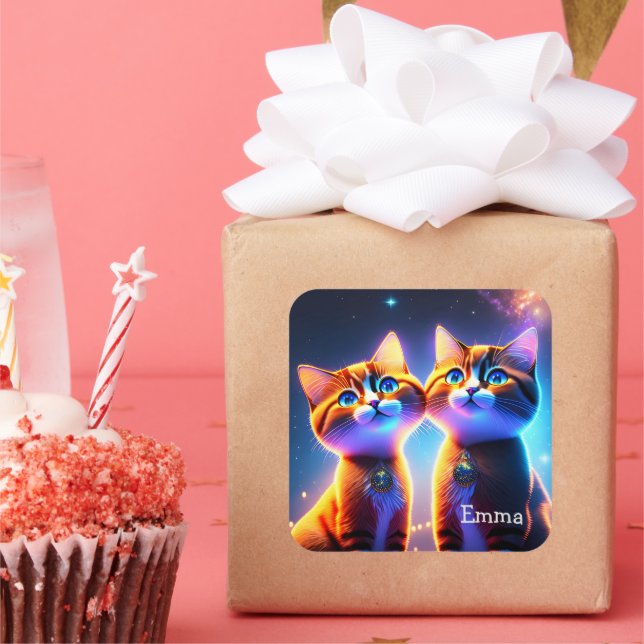 Niedliches Katzenpaar unter dem Sternenhimmel - Quadratischer Aufkleber (Party)