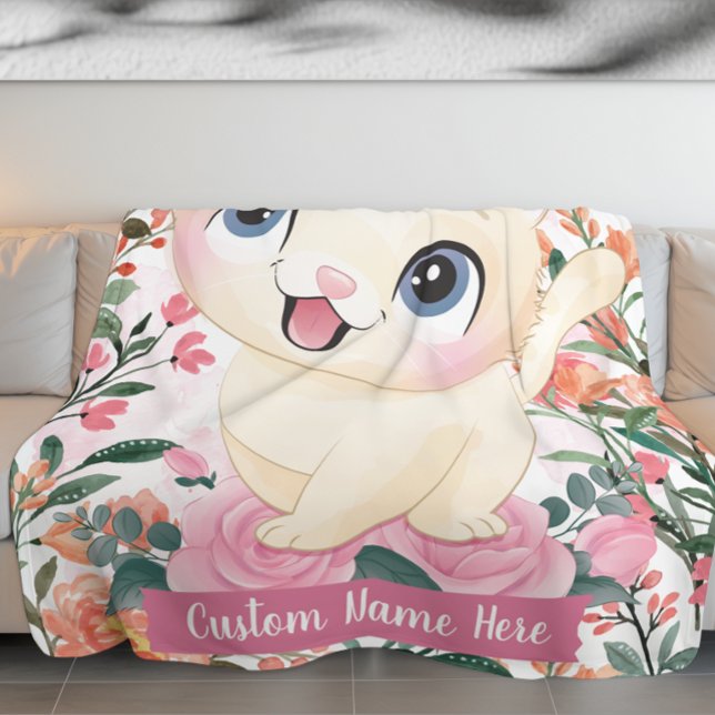 Niedliches Katzenrosa Roses Roses Blume Individuel Fleecedecke (Cute Cat Pink Roses Blush Flowers Custom Name Fleece Blanket)