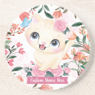 Niedliches Katzenrosa Roses Roses Blume Individuel Getränkeuntersetzer