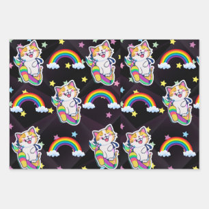 Niedliches Katzenverpackungspapier Regenbogen und  Geschenkpapier Set