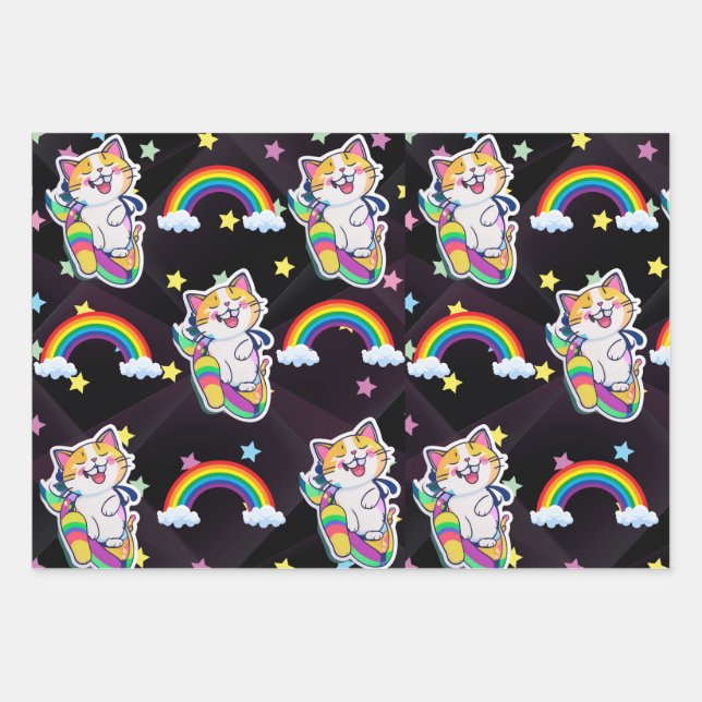 Niedliches Katzenverpackungspapier Regenbogen und  Geschenkpapier Set (Vorderseite)