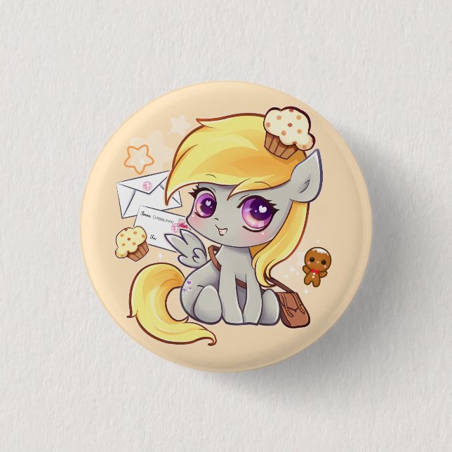 Niedliches kawaii Briefträgerpony mit Buchstaben Button (Vorderseite)