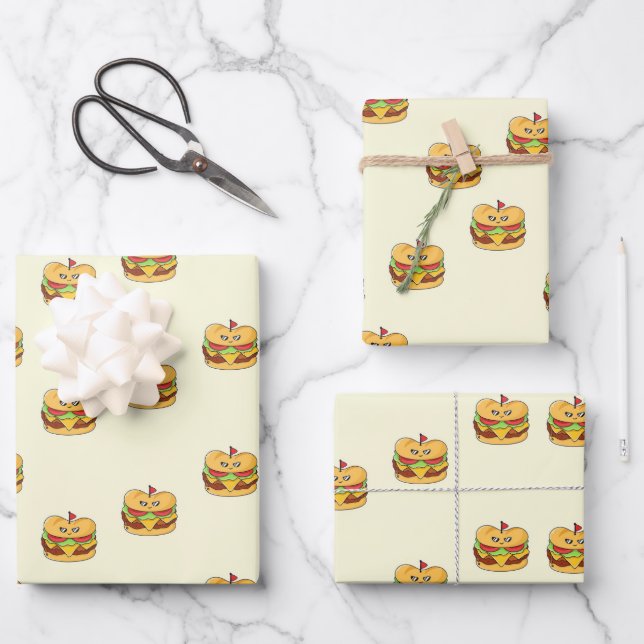Niedliches Kawaii-Burgermuster Geschenkpapier Set (Vorderseite)