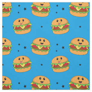 Niedliches Kawaii-Cheeseburger-Muster in Blau Stoff