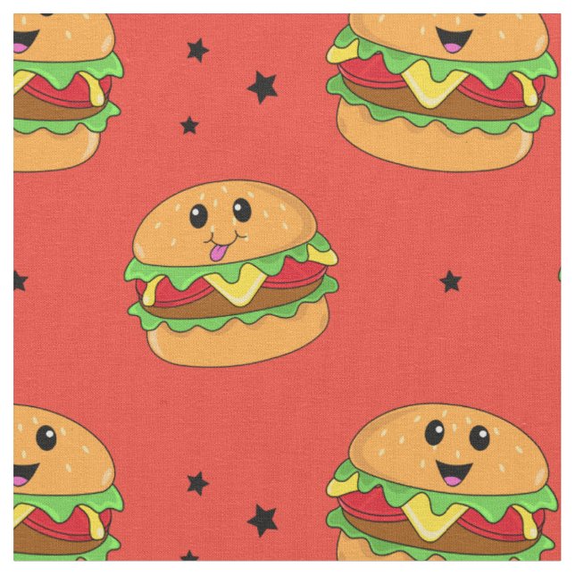 Niedliches Kawaii-Cheeseburger-Muster in Rot Stoff (Nahaufnahme)