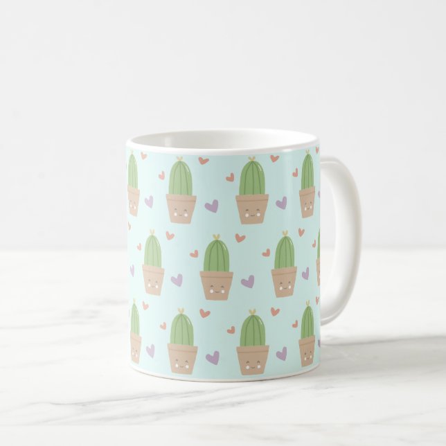Niedliches Kawaii-Kaktus- und Herzmuster Kaffeetasse (VorderseiteRechts)