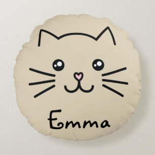 Niedliches Kawaii Katzengesicht mit rosa Herznose Rundes Kissen
