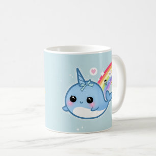 Niedliches kawaii narwhal mit Regenbogen- und Kaffeetasse