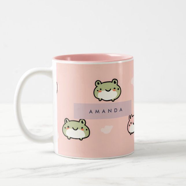 Niedliches Kawaii Pastel Frog Design auf rosa pers Zweifarbige Tasse (Links)