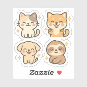 Niedliches Kawaii-Set Katze, Hund, Faultier Aufkleber