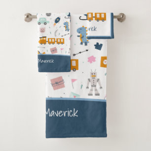 Niedliches Kid Muster Foto und Name Boy Blue Badez Badhandtuch Set