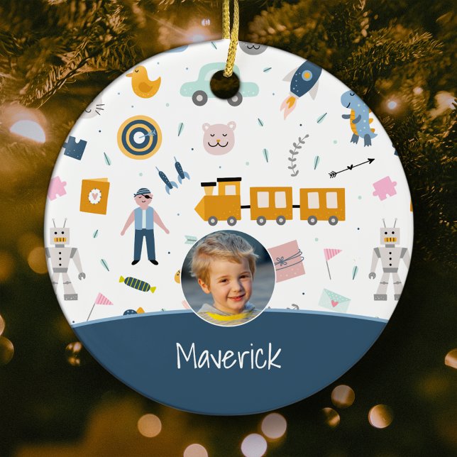 Niedliches Kid Muster Foto und Name Boy Blue Weihn Keramik Ornament (Von Creator hochgeladen)