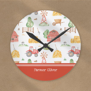 Niedliches Kids Bauer Muster mit Vorname Runde Wanduhr
