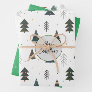 Niedliches Kiefernmuster, weiße und grüne Schneefl Geschenkpapier Set