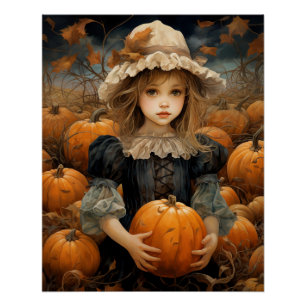 Niedliches Kind, das einen Pumpkin-Herbst hält Poster