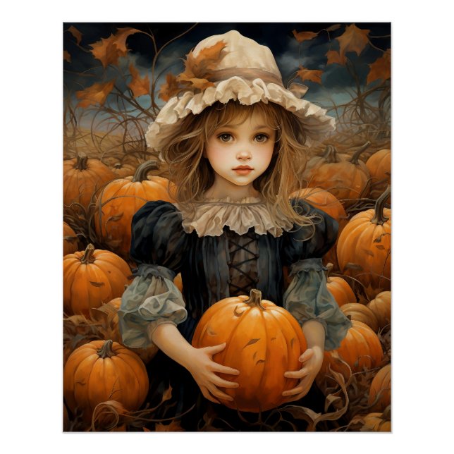 Niedliches Kind, das einen Pumpkin-Herbst hält Poster (Vorderseite)
