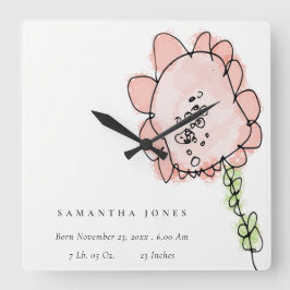 Niedliches Kind Gezeichnet Blush Peach Blume Baby  Quadratische Wanduhr