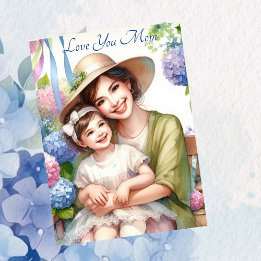 Niedliches Kind mit Mama in Swing Hydrangea Mutter Feiertagskarte