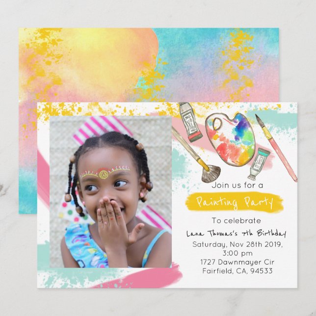 Niedliches Kind Party Geburtstagskunst Foto einlad Einladung (Vorne/Hinten)