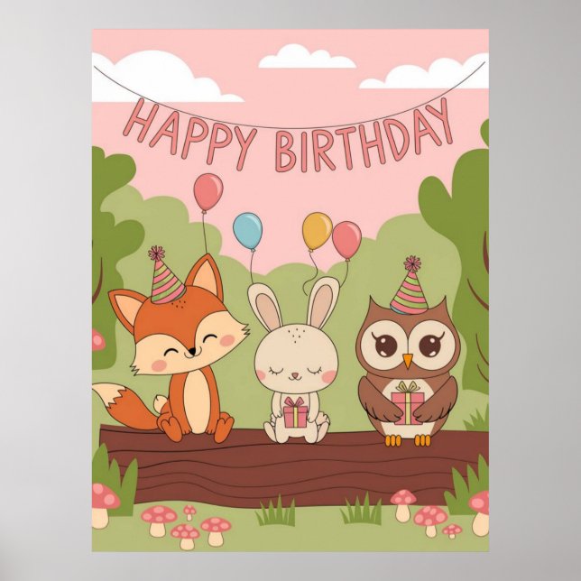 Niedliches Kindergeburtsstil mit Fox, Bunny & Owl Poster (Vorne)