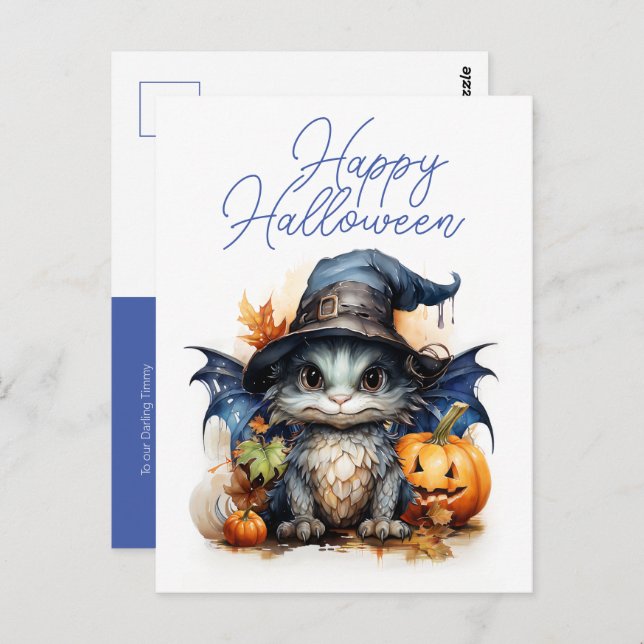 Niedliches Kinderspiel Watercolor Dragon Halloween Postkarte (Vorne/Hinten)