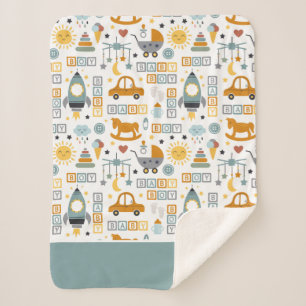 Niedliches Kinderwagen- und Spielzeugmuster mit Na Sherpadecke
