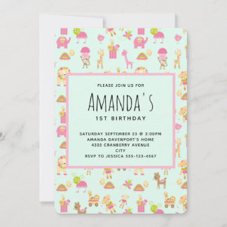Niedliches Kinderzimmer Tiere Muster Geburtstag Einladung