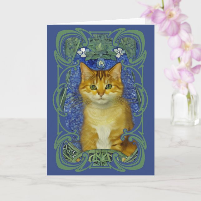 Niedliches Kitten im Vintagen Jugendstil Karte (Orchidee)