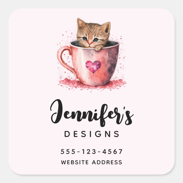 Niedliches Kitten in einem Teacup mit Herz-Kreisla Quadratischer Aufkleber (Vorderseite)