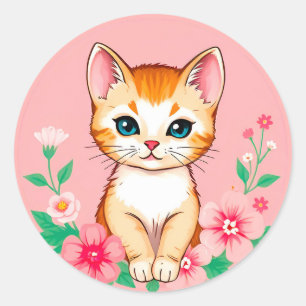 Niedliches Kitten mit Blume Runder Aufkleber