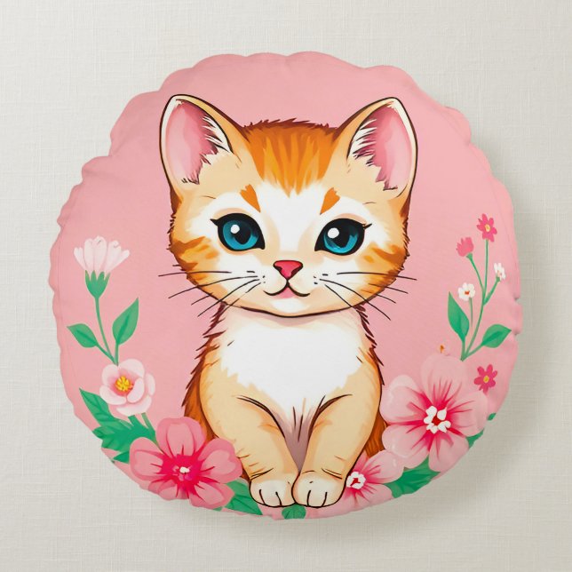 Niedliches Kitten mit Blume Rundes Kissen (Vorderseite)