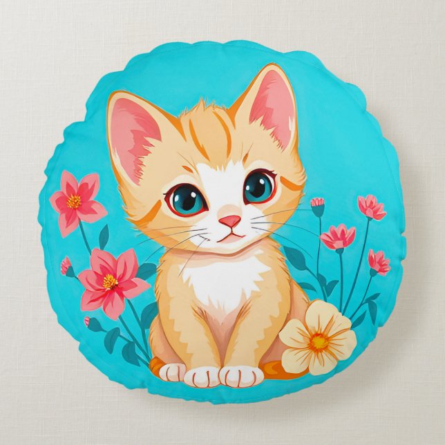 Niedliches Kitten mit Blume Rundes Kissen (Vorderseite)