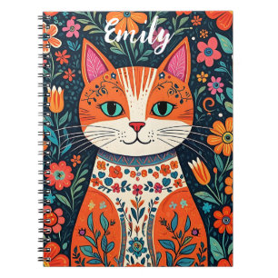 Niedliches Kitten mit Whimsical Folk Art Blume Notizblock