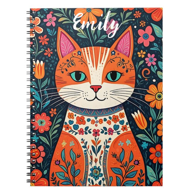 Niedliches Kitten mit Whimsical Folk Art Blume Notizblock (Vorderseite)